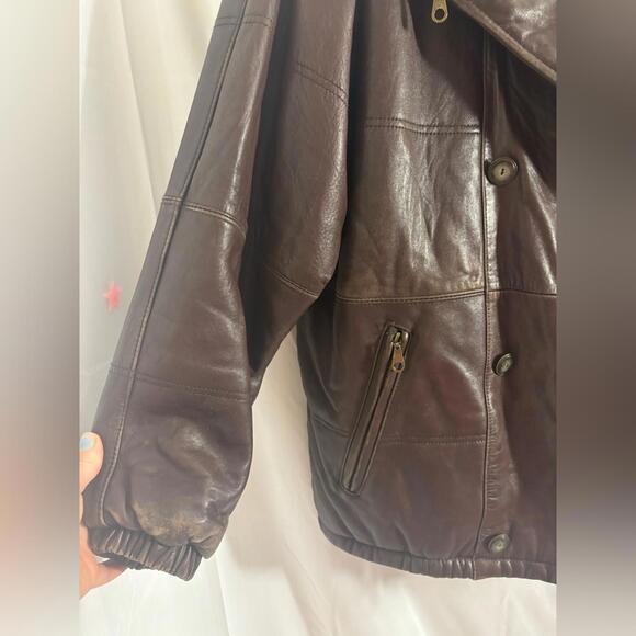 VTG Brown Oversized Genuine Leather Pilot Style Jacket Faux Fur Collar Men’s M - Picture 3 of 15